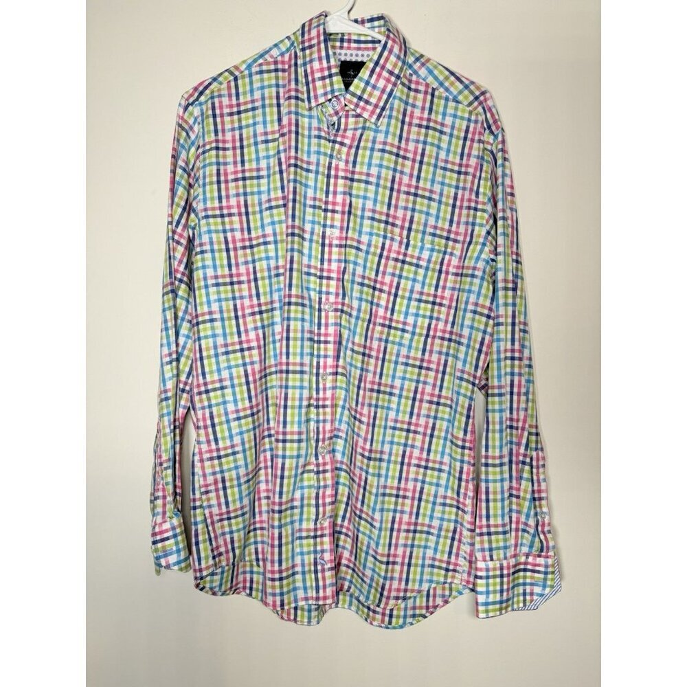 TAILOR BYRD Mens Button Up Collared Business Casual Pink Green Blue Plaid Medium